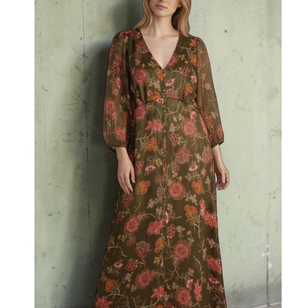 Talbots Womens 4 NWT Boho Romantic Prairie Floral Multi Gold Thread Long Dress